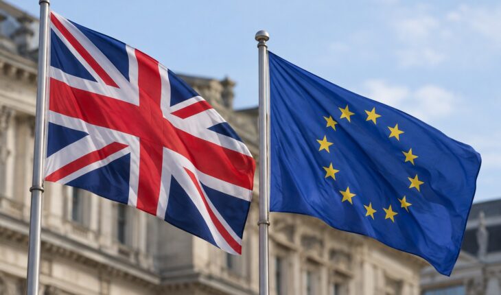 AI-generated illustration of the Union Jack and European Union flag flying side by side